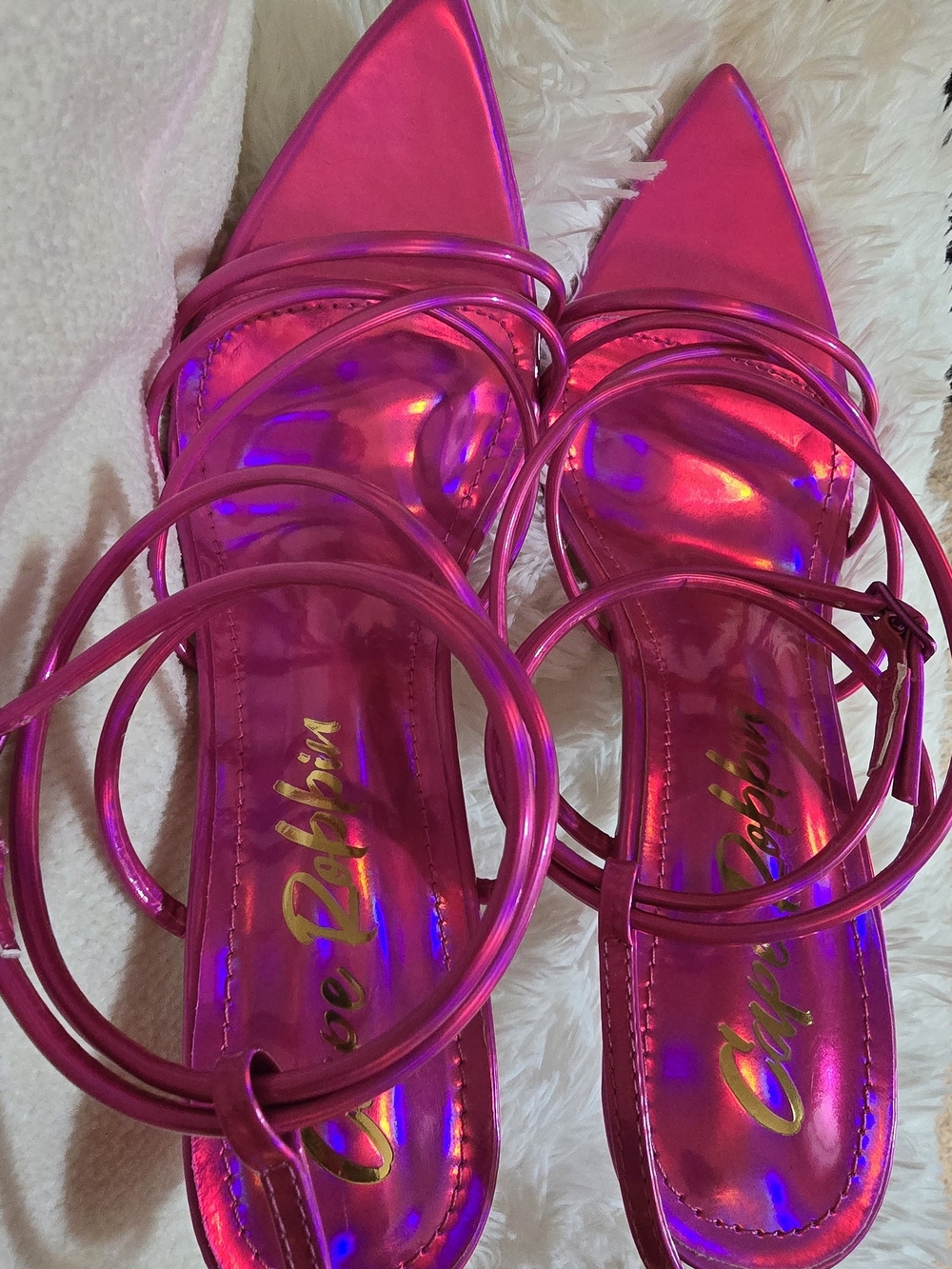 Cape Robbin Iridescent Metallic Fuchsia Pointed-Toe Wrap Sandals